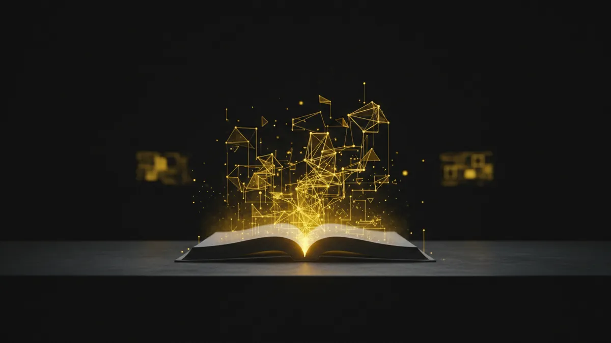 Раскрытая книга, из страниц которой поднимаются светящиеся графики, — обучение арбитражу
